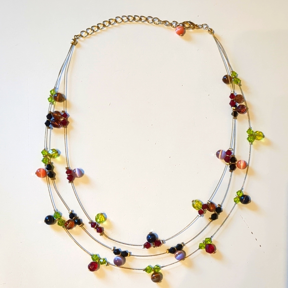 Boho Gold Tone Wire Floating Necklace, 3 Strands Multicolor Beads, Adjustable
